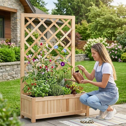 Wooden Raised Garden Bed with Trellis, 40" Outdoor Planter Box for Climbing Plants, Vertical Natural Wood Garden Planter for Vegetables, Flowers & Vines, Lattice Plant Support for Patio Yard Balcony