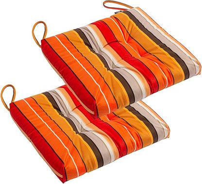 2-Pack Outdoor/Indoor Wicker Patio Seat Cushion Pad with Ties - Dining Chair Cushion, 17" x 17" (Orange and Red Stripes)