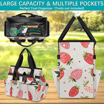 Strawberries Gardening Tool Bag,Heavy Duty Garden Tote Bag,Portable Oxford Gardening Storage Basket Organizer Handbag with Pockets Handle,Hand Tools Gifts for Outdoor Garden Lawn Yard