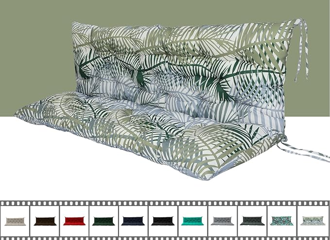 Outdoor Swing Cushions 3 Seater Waterproof, Replacement Bench Cushions for Outdoor Patio Furniture with Backrest, Porch Swing Cushion with Ties for Lawn and Garden (Bamboo Leaves, 40x40in)