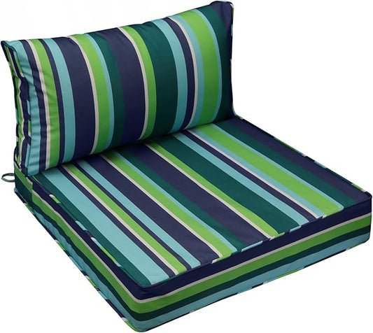 AAAAAcessories Outdoor Seat Cushions for Chairs, Fade-Resistant, Waterproof Patio Furniture Replacement Cushions, 25.5" x 25.5" x 5" + 25.5" x 13.5", Stormy Teal Coastal Stripe