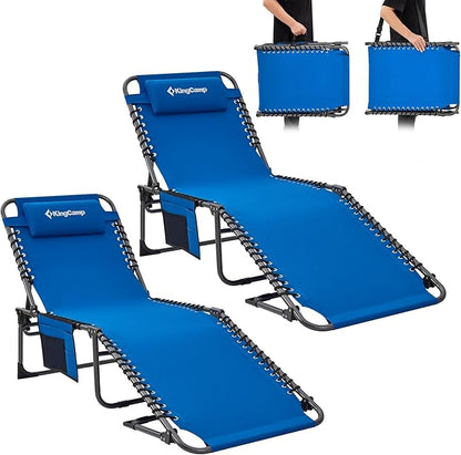 KingCamp 2 Pack Lounge Chair Outdoor, Folding Portable Tanning Chairs Comfy Adjustable 5-Position Lay Flat Foldable Chaise Chaser Lounger with Pillow for Outside Beach Patio Sun Bathing Pool, Blue