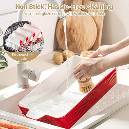 Estmoon Ceramic Baking Dishes Set of 4, Porcelain Baking Pans Set for Oven, Oven Safe and Durable Bakeware Sets Rectangular Ceramic Cookware Set with Handles for Wedding Gift,Red(7.5''/9"/10.6"/12")