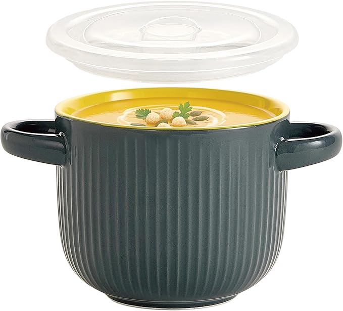 Ceramic Soup Bowl with Handles and Lid, 24 oz French Onion Soup Crock, Oven Safe Bowl for Soup, Chili, Ramen, Pasta and Cereal, Microwave Dishwasher Safe - Gray&Yellow