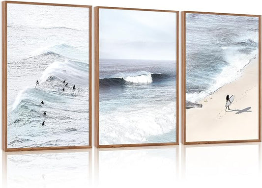 CHDITB Surfing Framed Canvas Wall Art, Seaside Ocean Surf Wall Decor, Modern Beach Surfboard Artwork, Summer Tropical Sea Painting for Beachy Bedroom Dining Room Surfer Room Decoration 24"x36"X3