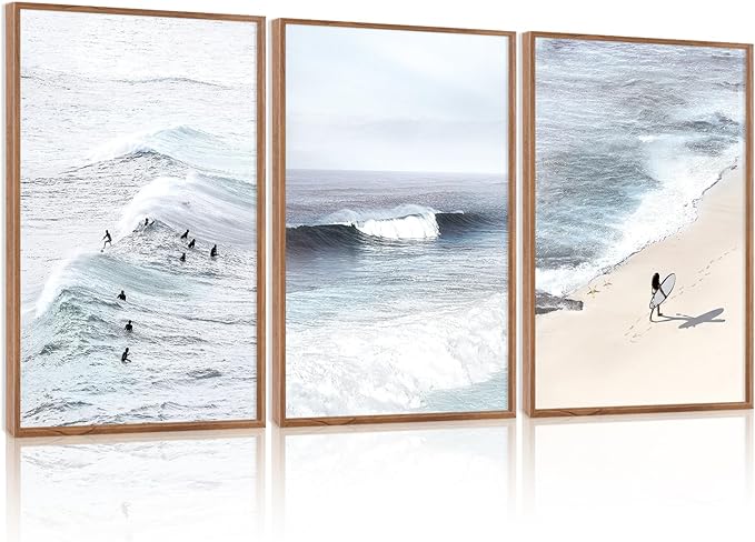CHDITB Coastal Surfing Framed Canvas Wall Art Set, Ocean Wave Wall Decor, Beach Surfer Artwork, Summer Beachy Painting for Bedroom Dining Room Bathroom Office Decoration 16"x24"X3