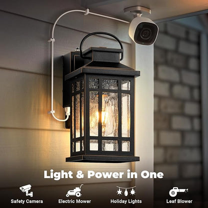 Exterior Lighting Fixtures with GFCI Outlet, Modern Black Outdoor Wall Light Fixture with Gold Trim, Dusk to Dawn Outside Lights for House, Garage, Garden, Porch, Hardwired, Easy-to-Install