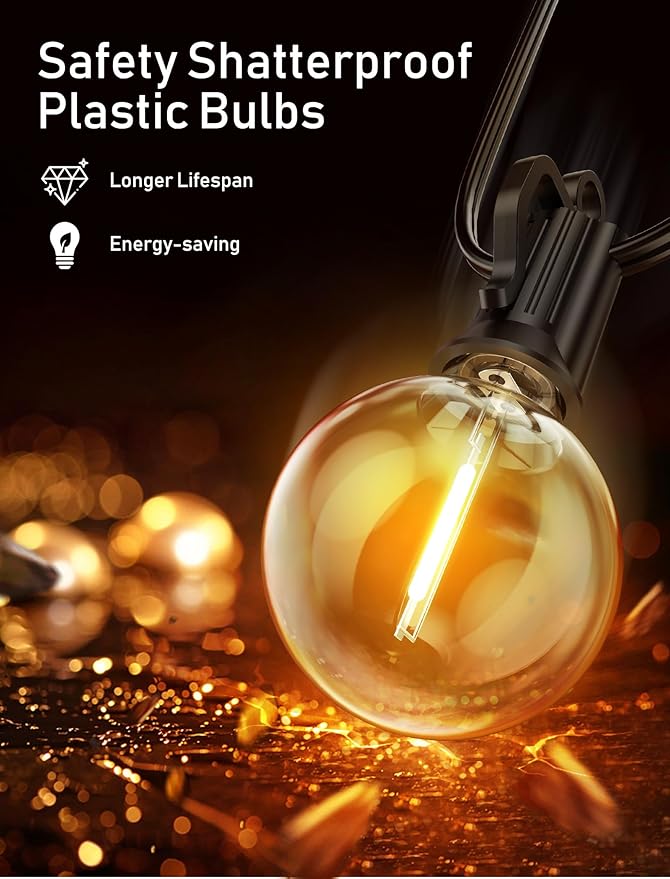 Brightown LED String Lights Outdoor 100Ft Waterproof G40 Patio Lights with 102(2 Spare) Led Shatterproof Bulbs, LED Globe Hanging Light for Porch Bistro Balcony Backyard Decor, E12 Socket, 2200K
