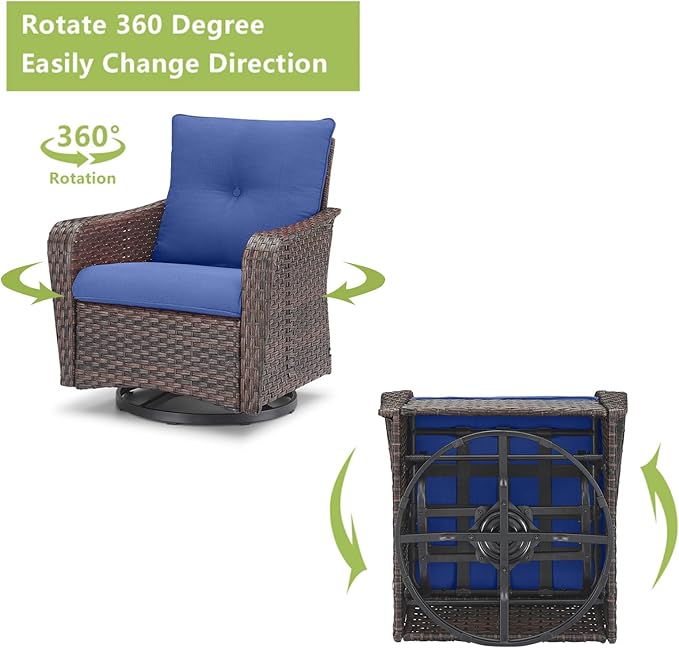 Rilyson Outdoor Patio Swivel Rocker Chairs - 2 PC Wicker Rattan Patio Rocker Glider Chair Set with High Back,Comfy Cushions and Deep Seating for Porch Deck Backyard Garden(Brown/Blue)