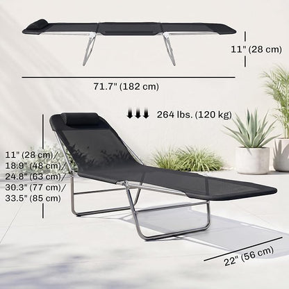 Outsunny Folding Chaise Lounge Pool Chairs, Outdoor Sun Tanning Chairs with Pillow, Reclining Back, Steel Frame & Breathable Mesh for Beach, Yard, Patio, Black