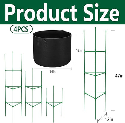 4 Packs 47 x 12 Inch Garden Tomato Cages with Grow Bags- Triangle Plant Support Trellis Assembled with Planter Bags- Garden Cucumber Vegetables Frames for Vertical Climbing Plants