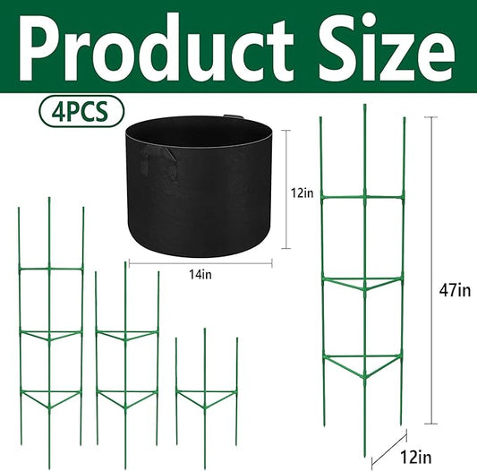 4 Packs 47 x 12 Inch Garden Tomato Cages with Grow Bags- Triangle Plant Support Trellis Assembled with Planter Bags- Garden Cucumber Vegetables Frames for Vertical Climbing Plants
