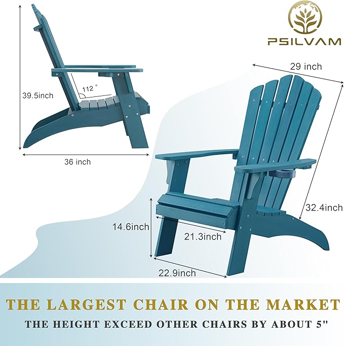 Psilvam Adirondack Chair, Oversized Poly Lumber Fire Pit Chair with Cup Holder, 350Lbs Support Patio Chairs for Garden, Weather Resistant Outdoors Seating, Relaxing Gift for Father & Mother (4, Blue)