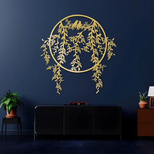 Birds on Branch Metal Wall Decor, Metal Tree Leaf Wall Art, Olive Branch Artwork, Birds Wall Decor, Olive Wall Art, Bird Decorations for The Home, Farmhouse, Living Room (Gold, 20"x19" | 50x48cm)