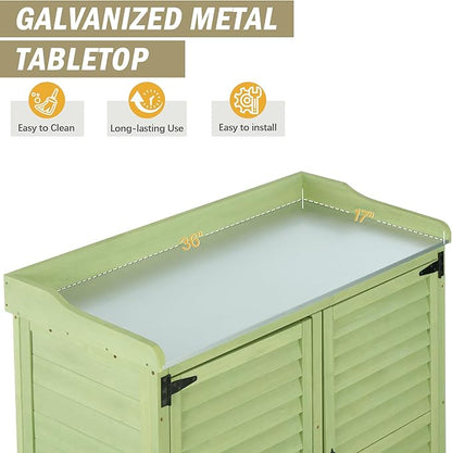 Outdoor Potting Bench with Metal Work Top,Waterproof Garden Storage Cabinet,Wooden Tool Station Shed for Backyard,Patio,Lawn Gardening