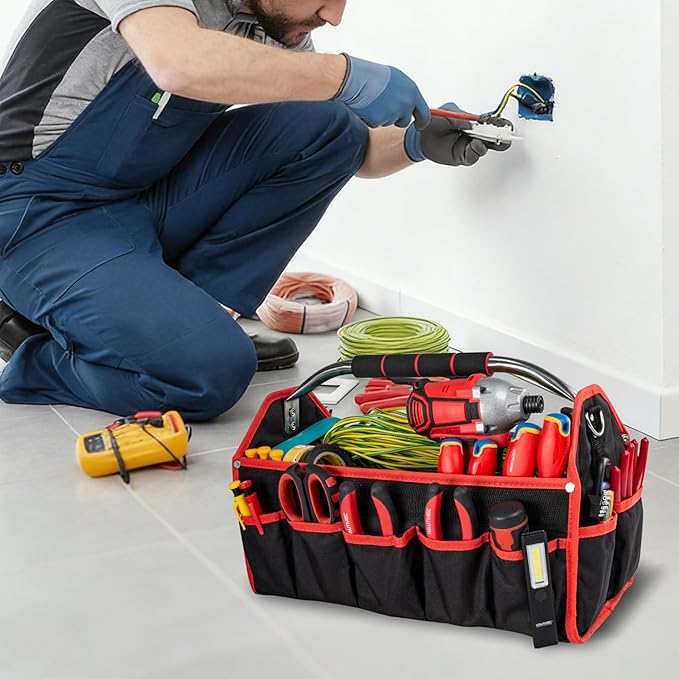 HAUTMEC 16" Foldable Tool Tote Bag, Open Top Tool Bag with Stiff Frame, 16-Pockets Electrician Tool Bag with Padded Steel Handle, Shoulder Strap & Water-Resistant Hard Base – TB0002