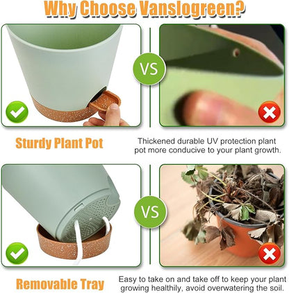 Vanslogreen Planters for Indoor Plants 7/6.5/6/5.5/5 Inch, Self Watering Planters with Drainage Holes and Saucers 5 Pack Plastic Pots for Plants, Succulents, Herbs, Cactus, Flower Pots, Green