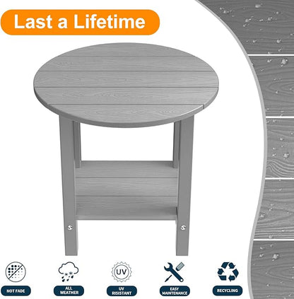MXIMU Round Outdoor Side Table Adirondack Tables 18 Inch Chairside End Tables with Storage Shelf, 2-Tier Plastic Patio Side Table for Balcony Backyard Lawn (Grey, 1 Pack)