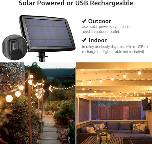 Lepro Solar Outdoor String Lights Patio Bistro Lights, 25ft 26 LED G40 Bulbs, USB Rechargeable Portable Edison Café String Lights for Porch, Pergola, Backyard, Garden, Pool, Party, Camping, 3600mAh