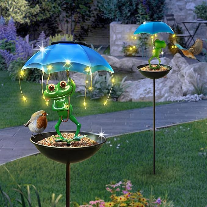 Solar Bird Feeder Frog Garden Decor, Outdoor Solar Lights with Umbrella, Hummingbird Feeder Decorative Path Lights Yard Art Ornament Bird Feeder (Frog)
