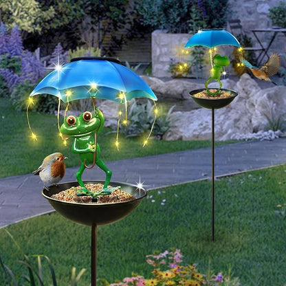 Solar Bird Feeder Frog Garden Decor, Outdoor Solar Lights with Umbrella, Hummingbird Feeder Decorative Path Lights Yard Art Ornament Bird Feeder (Frog)