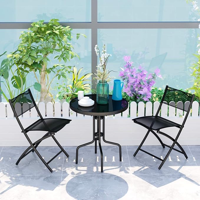 Giantex 3 Pcs Bistro Set Garden Backyard Round Table Folding Chairs, with Rust-Proof Steel Frames & Reinforced Glass Design Outdoor Patio Furniture, Black