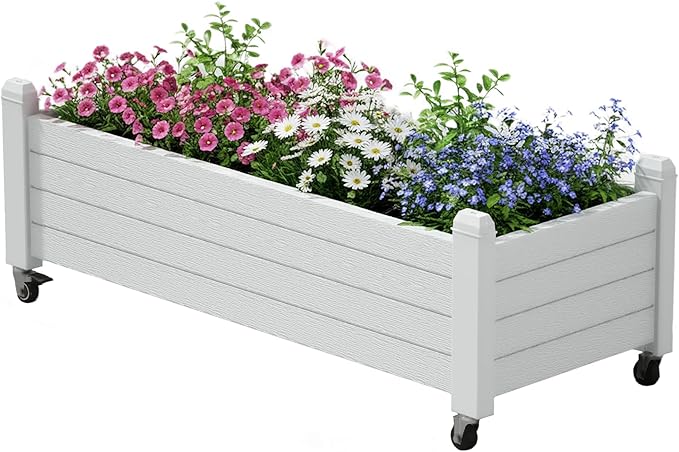 Raised Garden Bed with Wheels Outdoor, Resin Planter Box with Drain Hole and Water Level Detector for Backyard, Patio, Balcony(White)