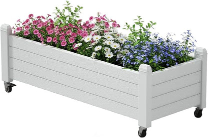Raised Garden Bed with Wheels Outdoor, Resin Planter Box with Drain Hole and Water Level Detector for Backyard, Patio, Balcony(White)