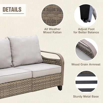 Modern Wicker Patio Furniture Set, Rattan Outdoor Conversation Set with Comfortable Cushions, 2 Swivel Rocing Chairs, 2 SeatLoveseat, Coffee Table and Side Table, 5 Pieces, Brown/Gray