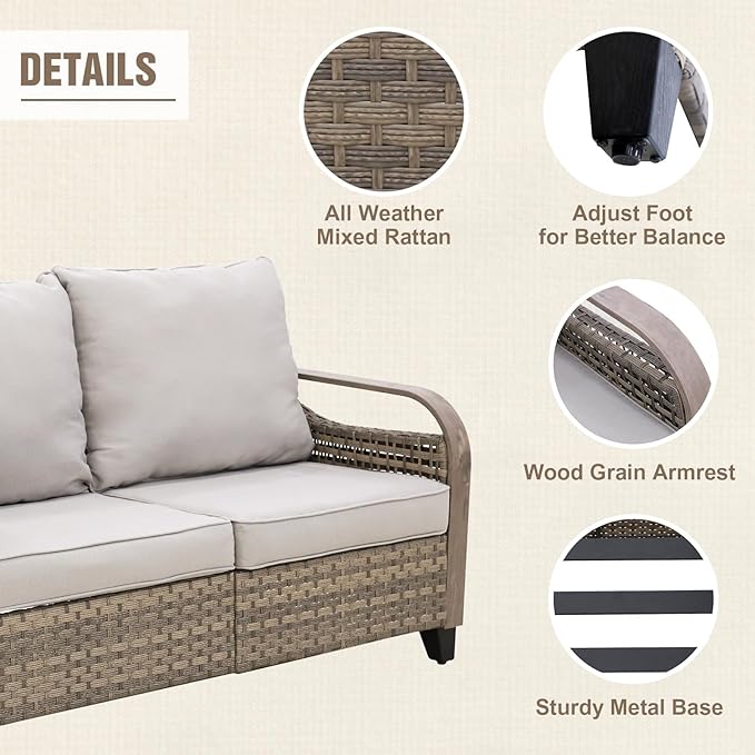 Modern Wicker Patio Furniture Set, Rattan Outdoor Conversation Set with Comfortable Cushions, 2 Seat Loveseat and 2 Ottomans, 3 Pieces, Brown/Gray