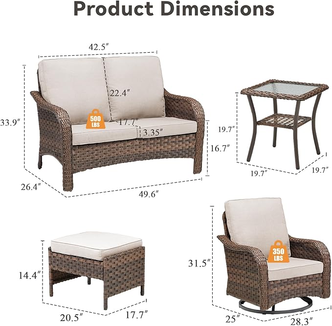 Outdoor Patio Furniture Set, 9 Pieces Outdoor Wicker Sofa with Swivel Patio Chairs, Glass Side Table, Ottomans, All Weather High Back Rattan Loveseat Couch with Comfy Cushions, Brown/Beige
