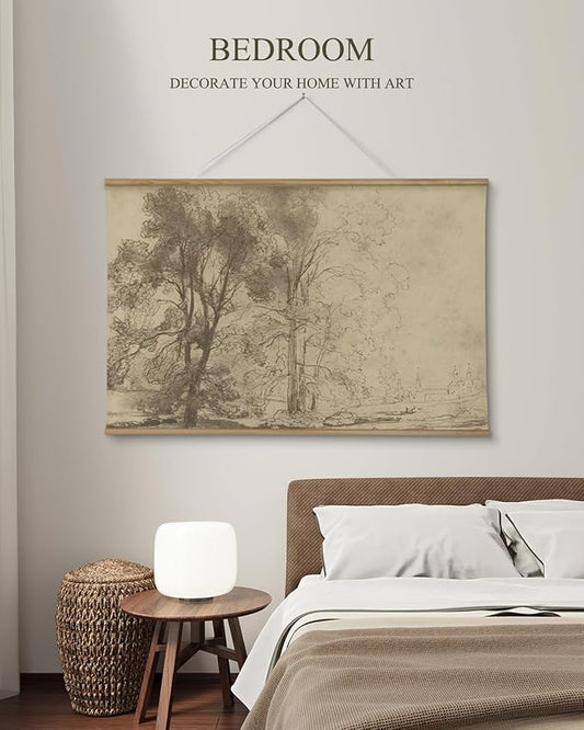 ARPEOTCY Extra Large Vintage Framed Wall Art, 36x54 Inch Two Sketch Trees Landscape Hanging Canvas Prints, Scroll Wall Art Decor for Living Room Bedroom, Retro Scenery Pictures Above of Bed