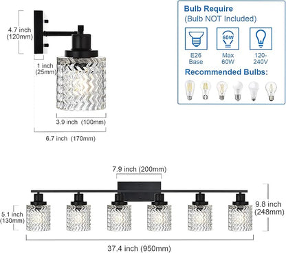 MELUCEE 6 Lights Bathroom Lighting Fixtures Over Mirror Black with Hammered Glass Shade, Vanity Light Indoor Wall Mounted Lamp for Bathroom Bedroom Kitchen