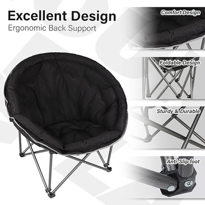 Oversized XXL Folding Round Camping Chair,Super Comfy Padded Moon Camp Chairs,Heavy Duty Supports 400 Lbs Outdoor Lawn Chairs for Adults,Perfect for Indoor,Family Camping,Picnics and Garden,Black