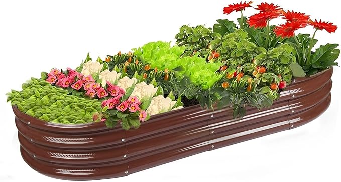 Rakukiri Raised Garden Bed GRS Certified Galvanized Planter Box Outdoor, 6.5ft Oval Rot-Resistant Metal Garden Bed Planter, Recycled Material Planter for Vegetables Flowers Herbs (Brown)