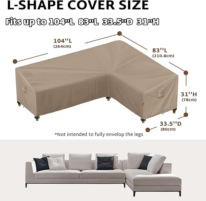 iBirdie Outdoor Patio Furniture Cover fit 104 x 83 inch, 103 x 80, 102 x 79 L-Shaped Sectional Sofa, Waterproof Weatherproof Heavy Duty 600D Garden Cover for Outside L Shape Couch, Brown