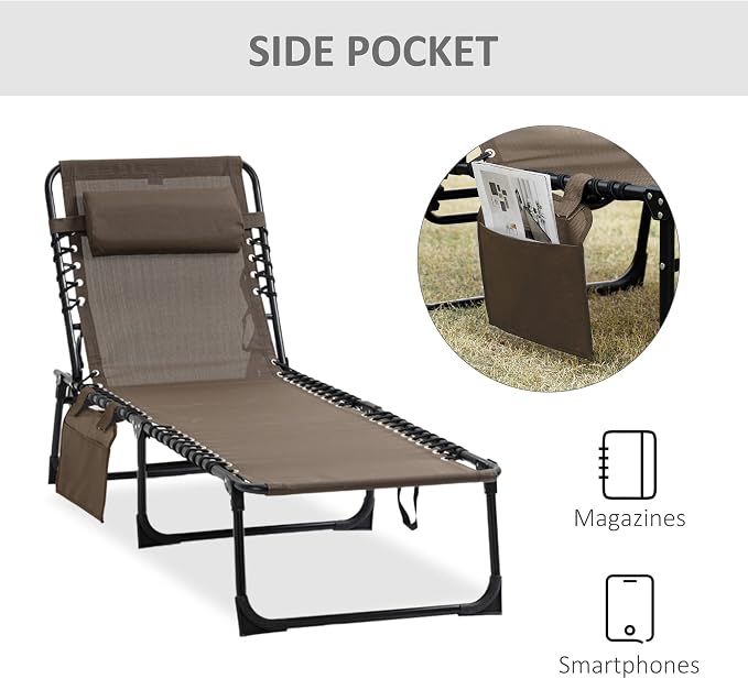 Outdoor Lounge Chair, Tanning Chair with Sunshade Roof, Adjustable Backrest Folding Chaise Lounge with Pillow Headrest for Outside, Beach, Camping, Hiking (No Sunshade Roof, Brown)