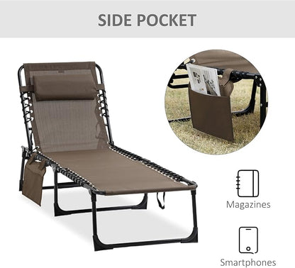 Outdoor Lounge Chair, Tanning Chair with Sunshade Roof, Adjustable Backrest Folding Chaise Lounge with Pillow Headrest for Outside, Beach, Camping, Hiking (No Sunshade Roof, Brown)