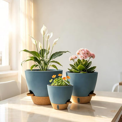 12"/10"/9"/8" Self Watering Pots with Visual Water Window,Extra Large Self Watering Plant Pots with Drainage Holes & Saucers,Blue Planters for Indoor Plants,4-Pack
