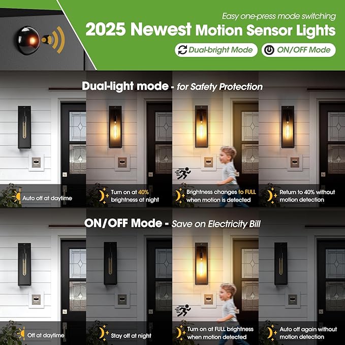 15.3" Large Motion Sensor Exterior Wall Light Sconces 2-Pack, Waterproof Dusk to Dawn Black Exterior Lighting Fixtures Wall Mount with 3 Lighting Mode, Outdoor Porch Coach Light for Garage House