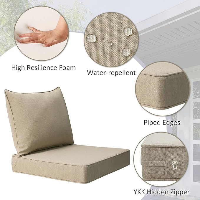 Outdoor Patio Chair Cushions Set, 24" x 24", Set of 2, Water-Repellent, Fade Resistant, Deep Seat Bottom and Back Cushion for Backyard, Couch, Sofa and Patio Furniture, Tan