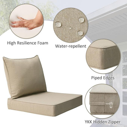 Outdoor Patio Chair Cushions Set, 24" x 24", Set of 2, Water-Repellent, Fade Resistant, Deep Seat Bottom and Back Cushion for Backyard, Couch, Sofa and Patio Furniture, Tan
