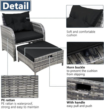 5 Pieces PE Wicker Outdoor Chairs with Ottoman, 5 PCS Rattan Patio Furniture Chairs with Pull Out Ottoman & Side Table for Porch Balcony Sunroom, Black