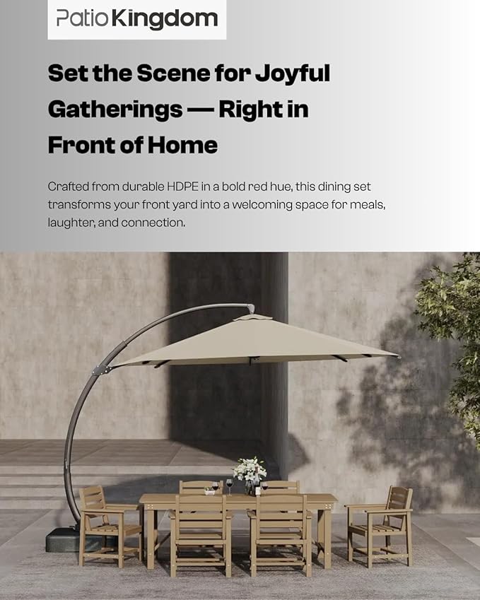 7-Piece Brown HDPE Patio Table and Chairs Set, Weather Resistant Outdoor HDPE Dining Table Sets with Umbrella Hole for Lawn, Garden, Deck, Poolside, Balcony
