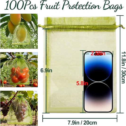 100 Large Fruit Protection Bags 7.9x11.8 Inch, Green Mesh Netting with Drawstring, Pest & Bird Barrier for Grapes, Eggplants, Zucchini and Other Garden Produce