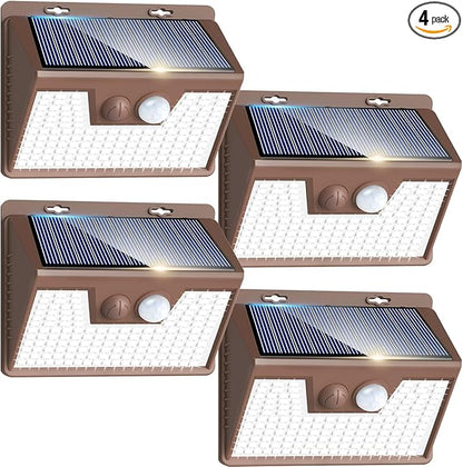 Peasur Brown Solar Lights Outdoor Waterproof, 4Pack 140LED Solar Powered Motion Sensor Lights, 3 Modes Solar Security Wall Lights for Fence Garden Yard Outside Cool White