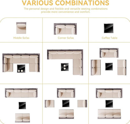 7 Pieces Outdoor Patio Furniture Set with Coffee Table, PE Wicker Rattan Outdoor Sectional Patio Set with Thick Cushion, Outdoor Patio Conversation Set for Backyard, Garden, Deck, Sand