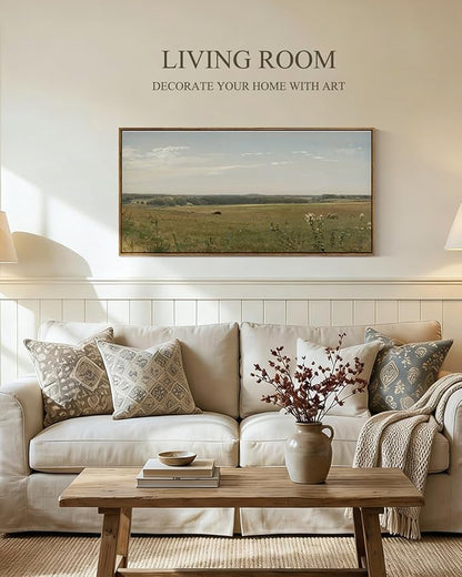 InSimSea Extra Large Framed Vintage Wall Art, Living Room Meadow Farmhouse Decor, Pastoral Field Landscape Canvas Prints, Retro Scenery Long Picture for Bedroom Above of Bed, 20x40inch