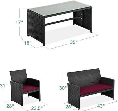 Best Choice Products 4-Piece Outdoor Wicker Patio Conversation Furniture Set for Backyard w/Coffee Table, Seat Cushions - Black/Deep Burgundy