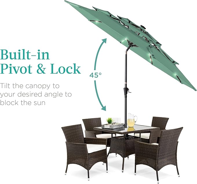 Best Choice Products 10ft 3-Tier Solar Patio Umbrella, Outdoor Market Sun Shade for Backyard, Deck, Poolside w/ 24 LED Lights, Tilt Adjustment, Easy Crank, 8 Ribs - Seaglass